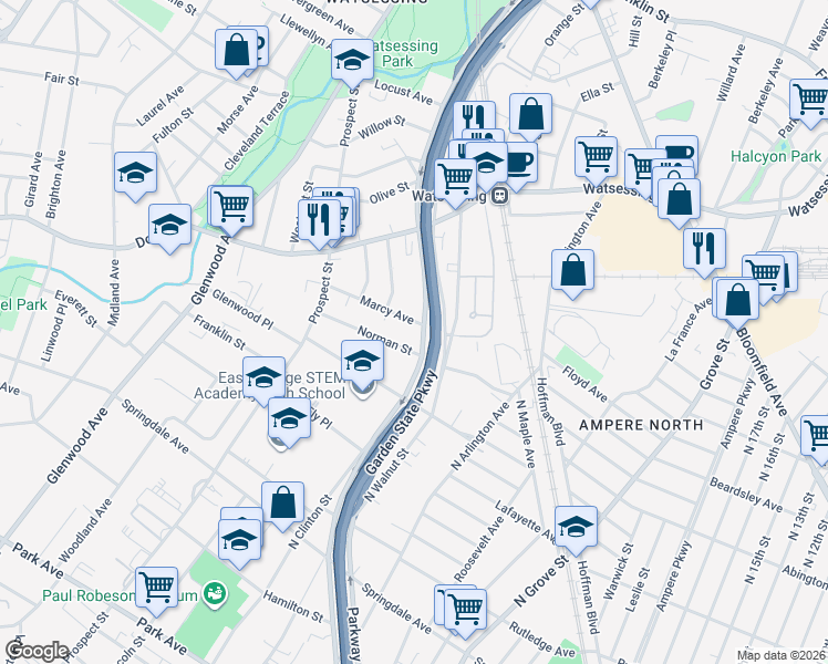 map of restaurants, bars, coffee shops, grocery stores, and more near 37 Marcy Avenue in East Orange