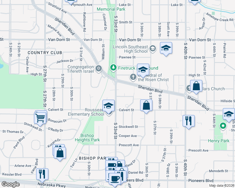map of restaurants, bars, coffee shops, grocery stores, and more near 3320 Hillside Street in Lincoln
