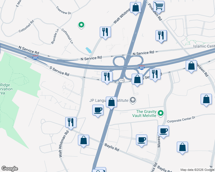 map of restaurants, bars, coffee shops, grocery stores, and more near 400 Broadhollow Road in Melville