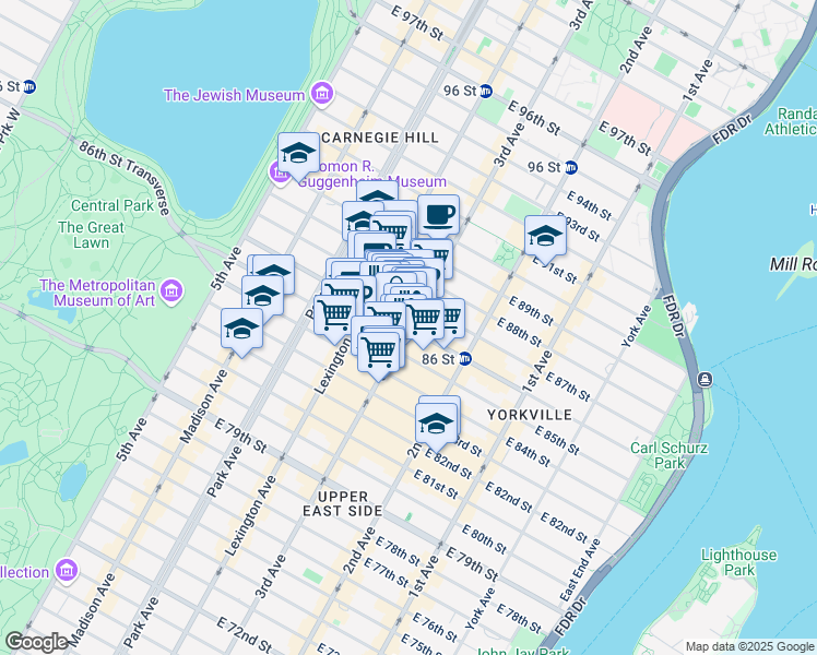 map of restaurants, bars, coffee shops, grocery stores, and more near 184 East 86th Street in New York