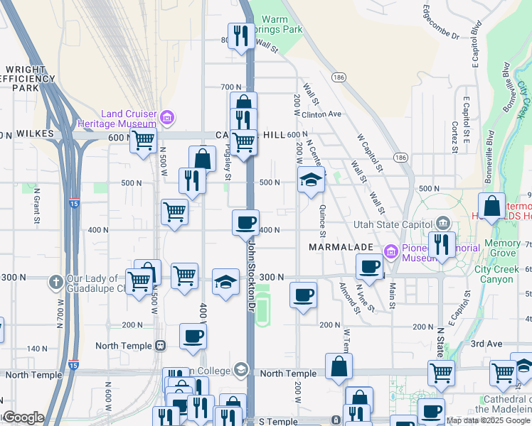 map of restaurants, bars, coffee shops, grocery stores, and more near 271 Bishop Place in Salt Lake City