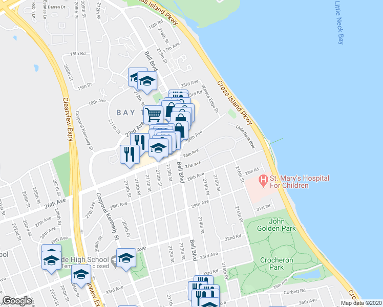 map of restaurants, bars, coffee shops, grocery stores, and more near 214-25 26th Avenue in Queens