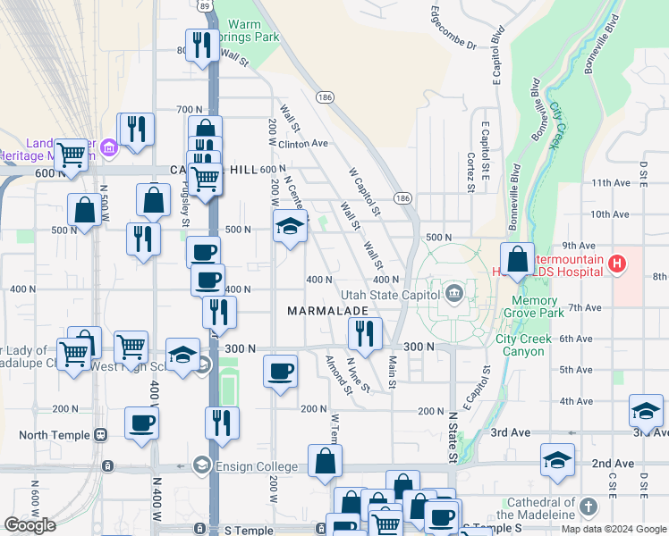 map of restaurants, bars, coffee shops, grocery stores, and more near 424 North Center Street in Salt Lake City