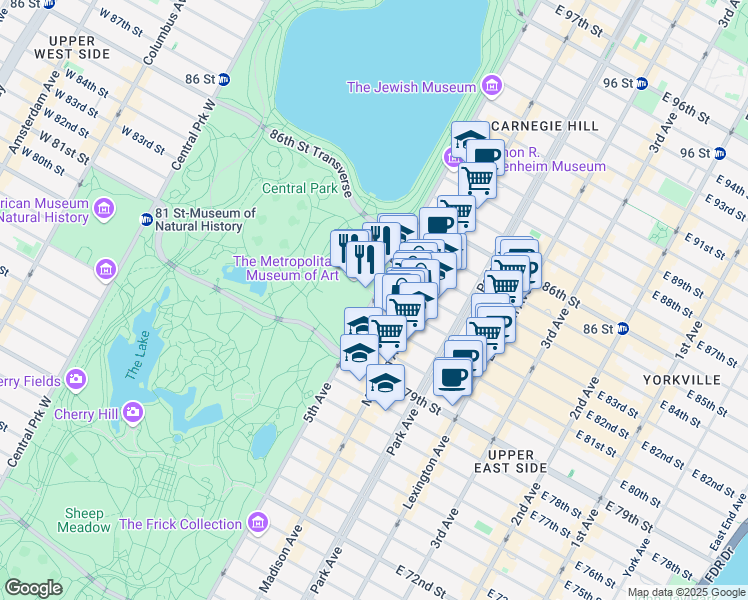 map of restaurants, bars, coffee shops, grocery stores, and more near 1007 5th Avenue in New York