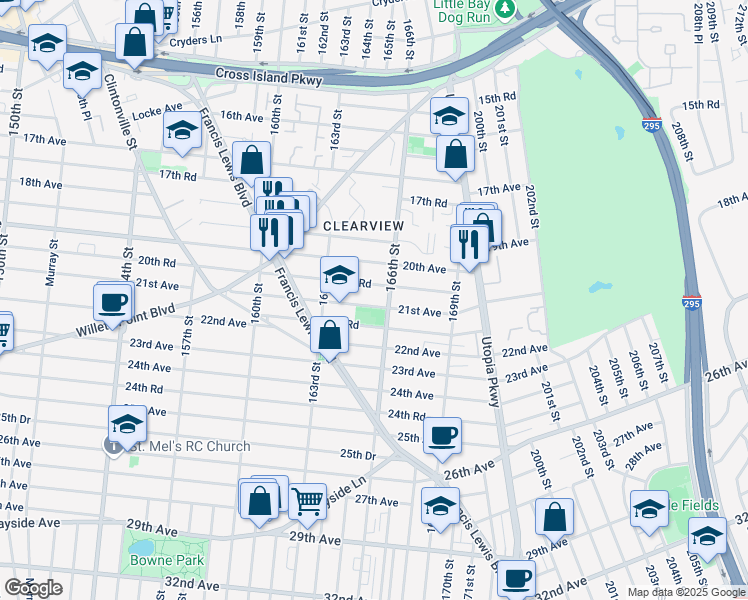 map of restaurants, bars, coffee shops, grocery stores, and more near 163-52 20th Road in Queens