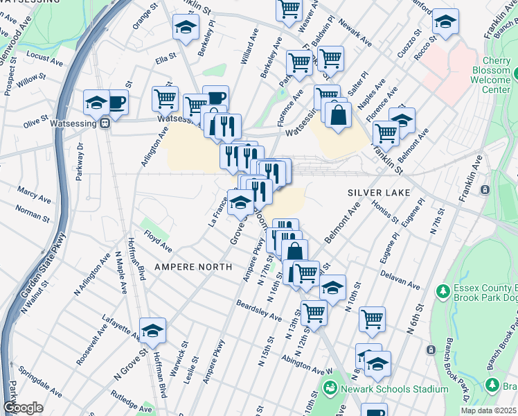 map of restaurants, bars, coffee shops, grocery stores, and more near 123 Bloomfield Avenue in Bloomfield