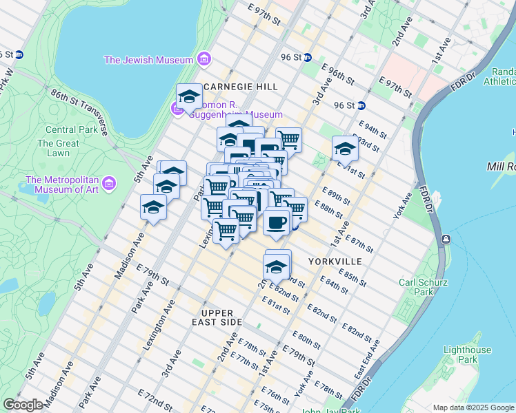 map of restaurants, bars, coffee shops, grocery stores, and more near 201 East 86th Street in New York