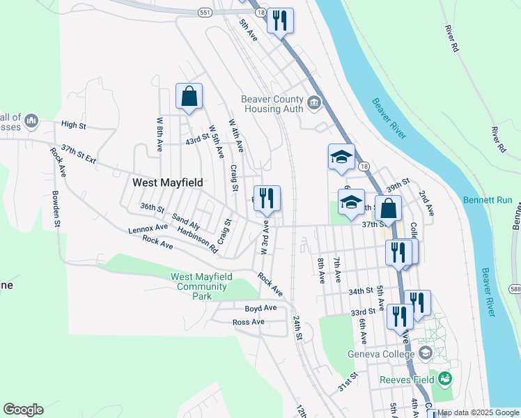 map of restaurants, bars, coffee shops, grocery stores, and more near 3705 West 3rd Avenue in Beaver Falls