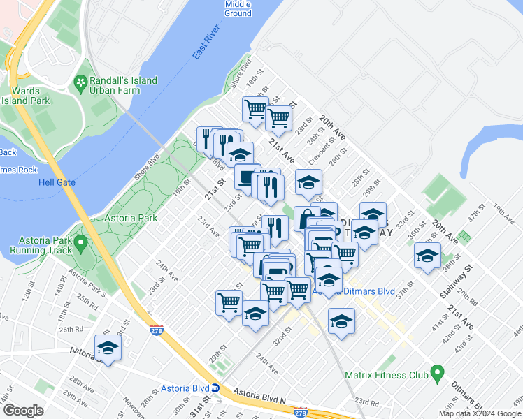 map of restaurants, bars, coffee shops, grocery stores, and more near 24-14 Ditmars Boulevard in Queens