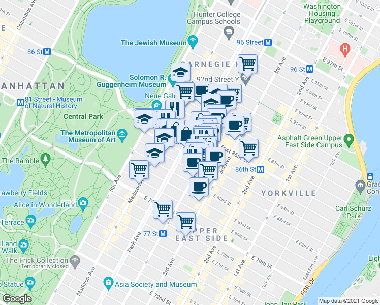 map of restaurants, bars, coffee shops, grocery stores, and more near in New York