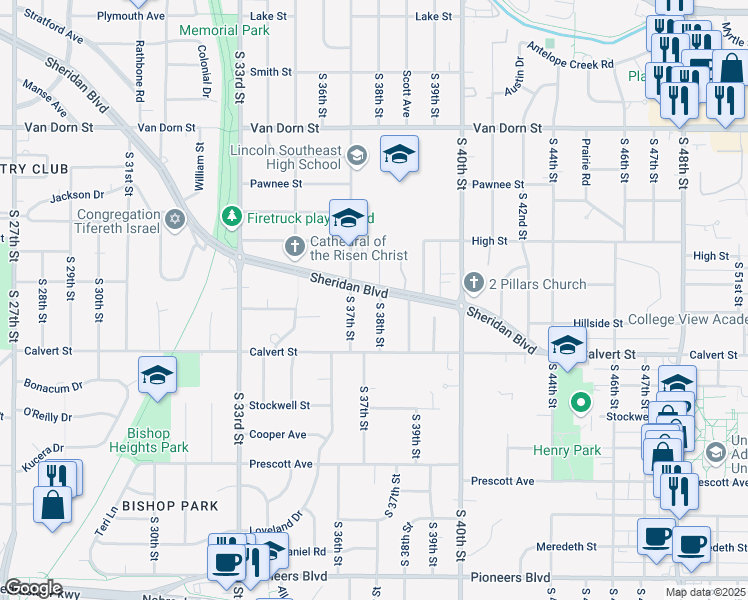 map of restaurants, bars, coffee shops, grocery stores, and more near 3743 Sheridan Boulevard in Lincoln