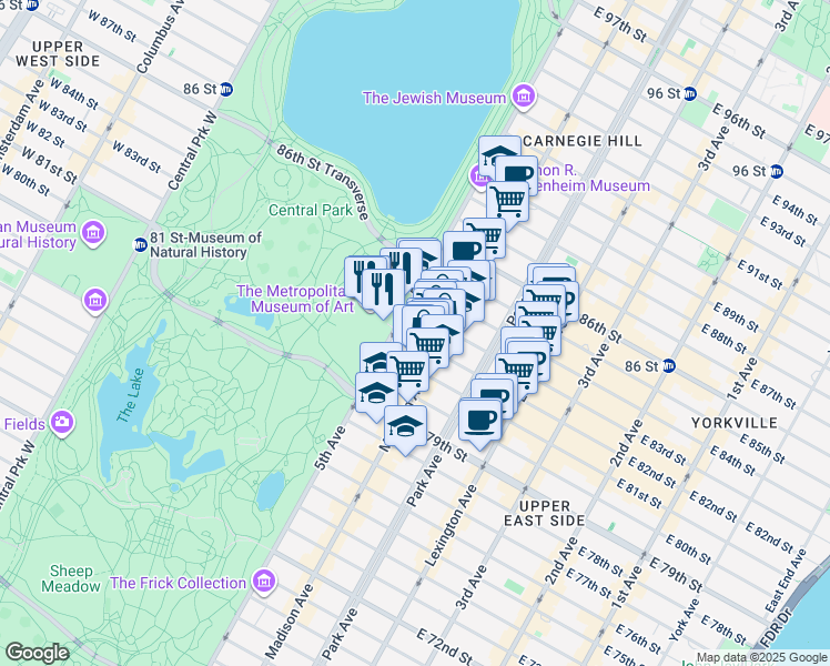 map of restaurants, bars, coffee shops, grocery stores, and more near 1 East 82nd Street in New York