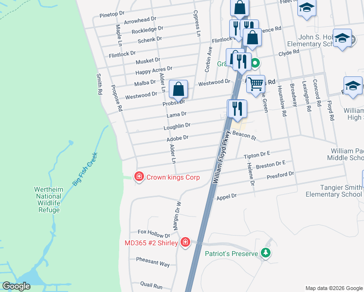 map of restaurants, bars, coffee shops, grocery stores, and more near 55 Alder Lane in Shirley