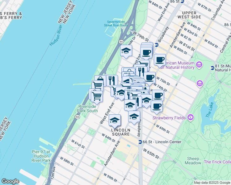 map of restaurants, bars, coffee shops, grocery stores, and more near 315 West 70th Street in New York