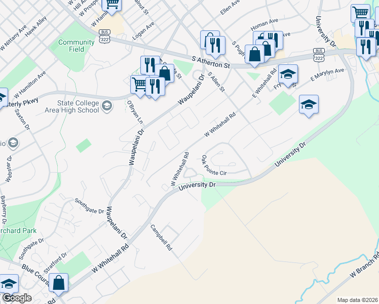 map of restaurants, bars, coffee shops, grocery stores, and more near 320 West Whitehall Road in State College