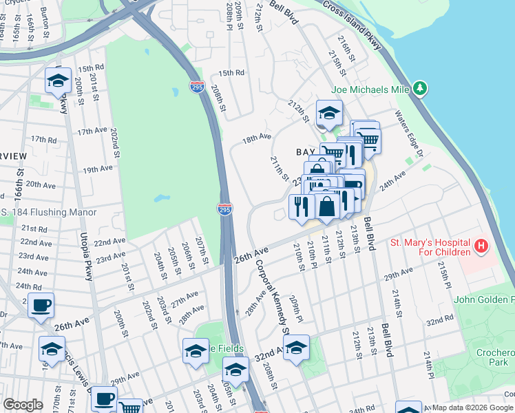 map of restaurants, bars, coffee shops, grocery stores, and more near 209-39 23rd Avenue in Queens