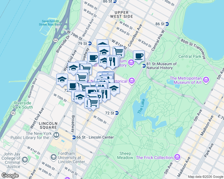 map of restaurants, bars, coffee shops, grocery stores, and more near 58 West 75th Street in New York