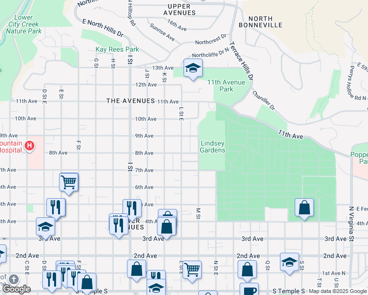 map of restaurants, bars, coffee shops, grocery stores, and more near 414 L Street East in Salt Lake City