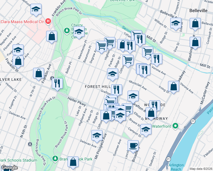 map of restaurants, bars, coffee shops, grocery stores, and more near 735-753 Ridge Street in Newark