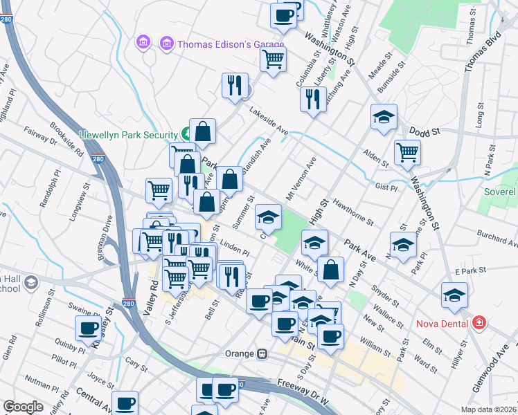 map of restaurants, bars, coffee shops, grocery stores, and more near 170 Summer Street in City of Orange