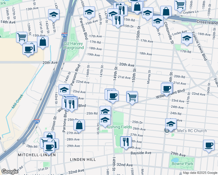 map of restaurants, bars, coffee shops, grocery stores, and more near 147-34 22nd Avenue in Queens