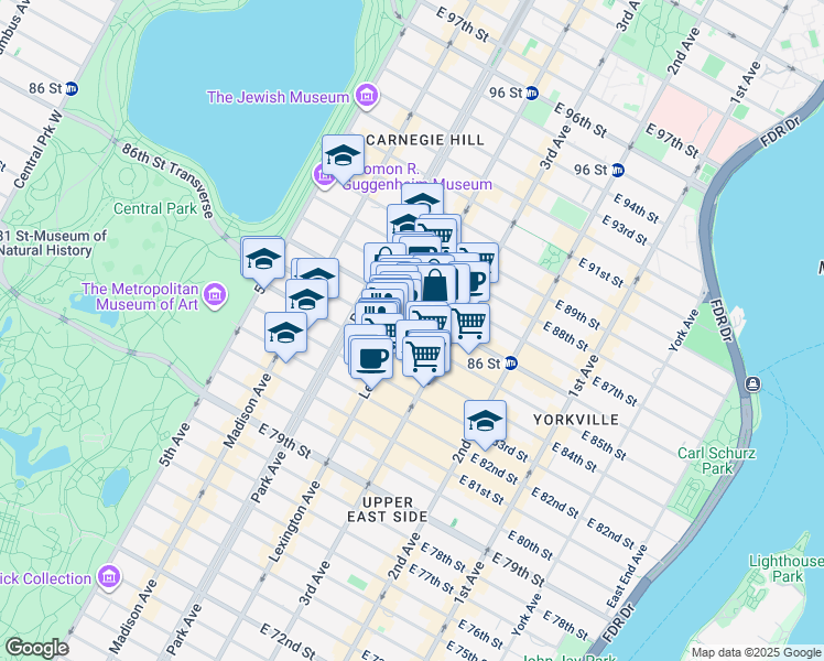 map of restaurants, bars, coffee shops, grocery stores, and more near 151 East 85th Street in New York