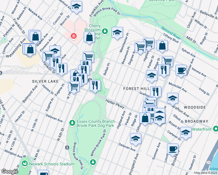 map of restaurants, bars, coffee shops, grocery stores, and more near 88 Forest Hill Parkway in Newark