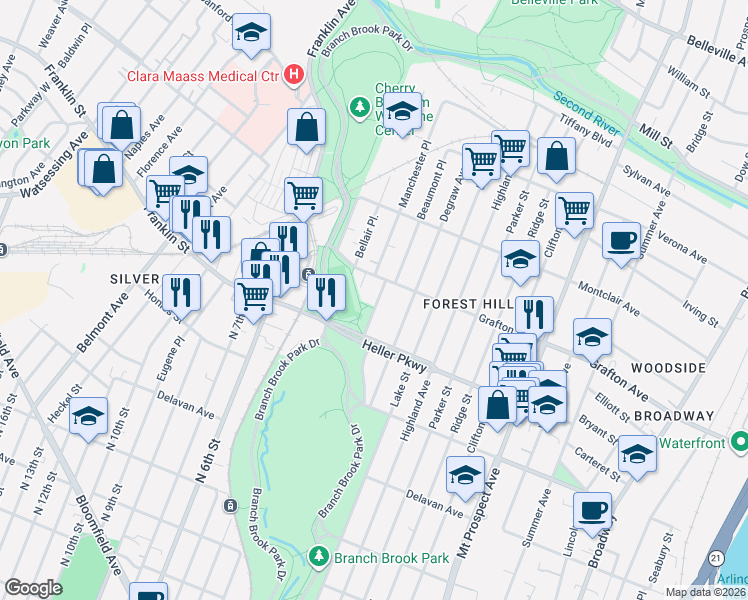 map of restaurants, bars, coffee shops, grocery stores, and more near 84 Forest Hill Parkway in Newark