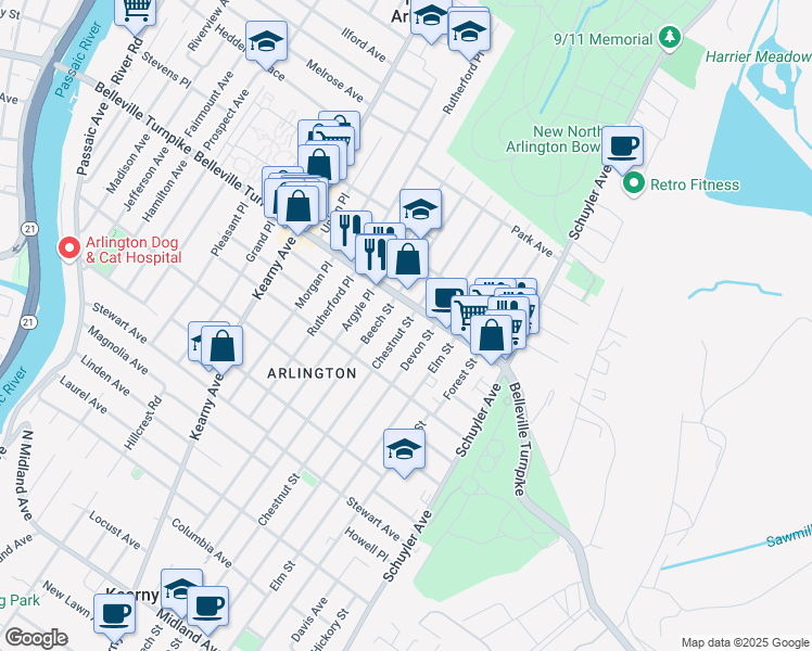 map of restaurants, bars, coffee shops, grocery stores, and more near 841 Chestnut St in Kearny