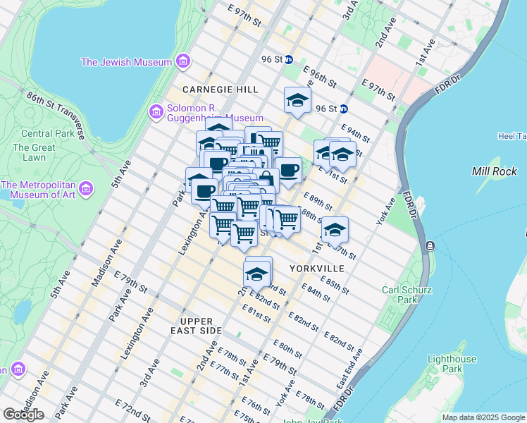 map of restaurants, bars, coffee shops, grocery stores, and more near 226 East 87th Street in New York