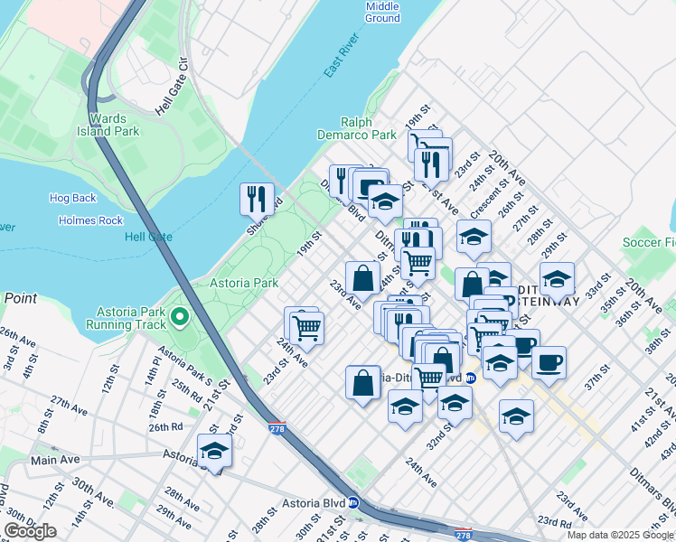 map of restaurants, bars, coffee shops, grocery stores, and more near 22-69 21st Street in Queens