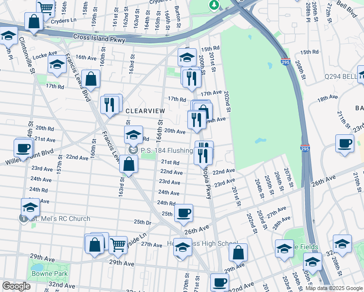 map of restaurants, bars, coffee shops, grocery stores, and more near 166-56 20th Road in Queens