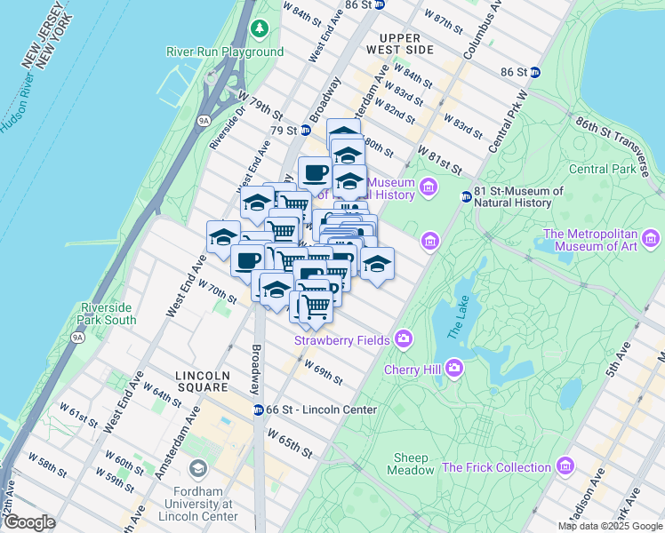 map of restaurants, bars, coffee shops, grocery stores, and more near 116 West 74th Street in New York