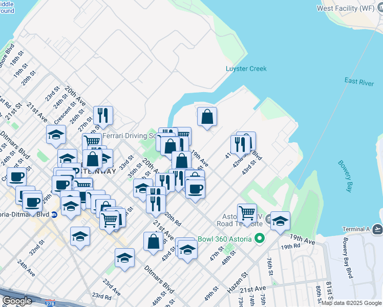 map of restaurants, bars, coffee shops, grocery stores, and more near 37-4 19th Avenue in Queens