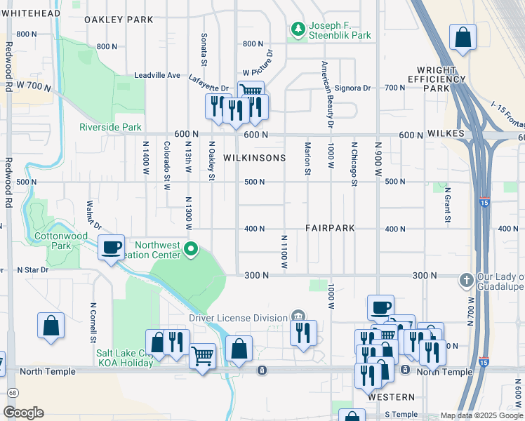 map of restaurants, bars, coffee shops, grocery stores, and more near 1137 Ouray Avenue North in Salt Lake City