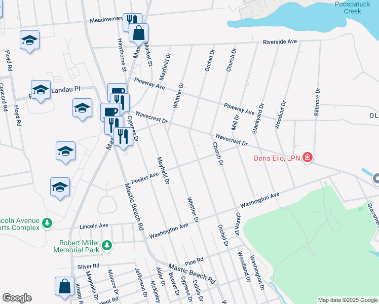 map of restaurants, bars, coffee shops, grocery stores, and more near 300 Orchid Drive in Mastic Beach