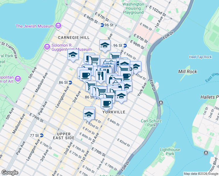 map of restaurants, bars, coffee shops, grocery stores, and more near 311 East 88th Street in New York