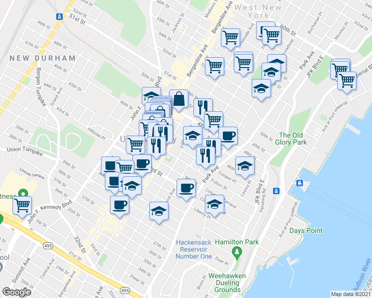 map of restaurants, bars, coffee shops, grocery stores, and more near 224 Roosevelt Street in Union City