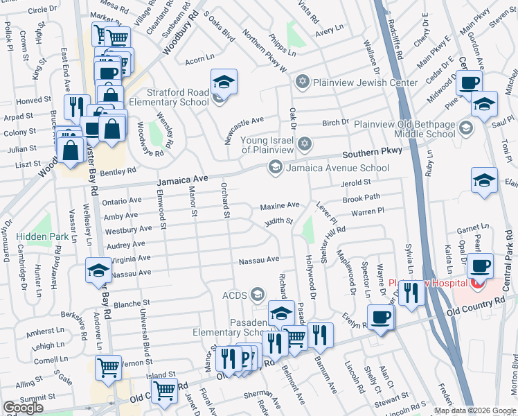 map of restaurants, bars, coffee shops, grocery stores, and more near 4 Maxine Avenue in Plainview