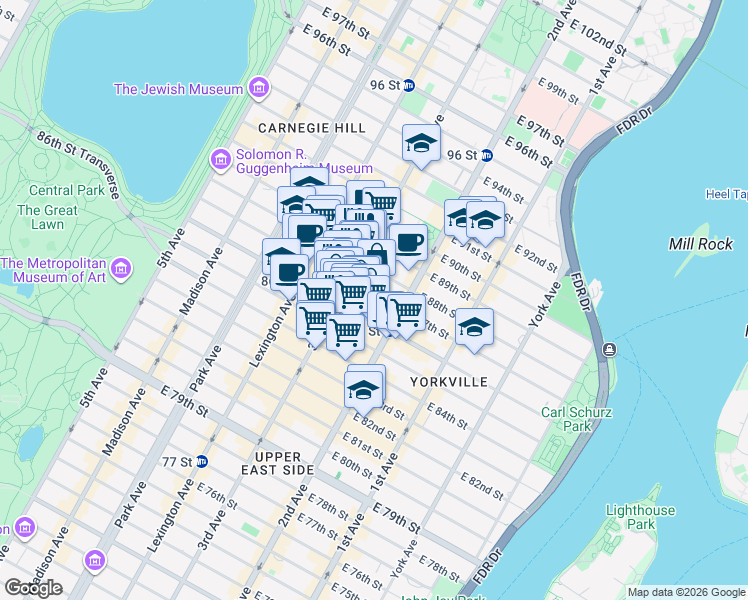 map of restaurants, bars, coffee shops, grocery stores, and more near 250 East 87th Street in New York
