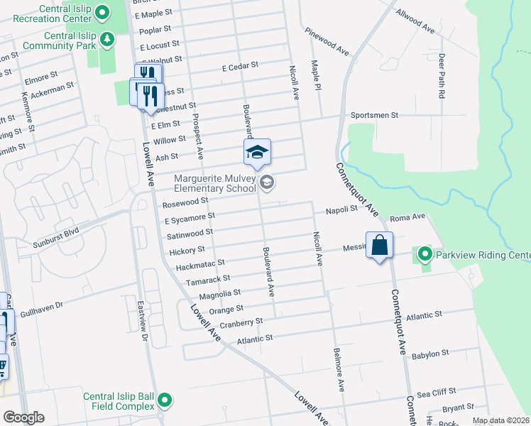 map of restaurants, bars, coffee shops, grocery stores, and more near 42 E Sycamore St in Central Islip