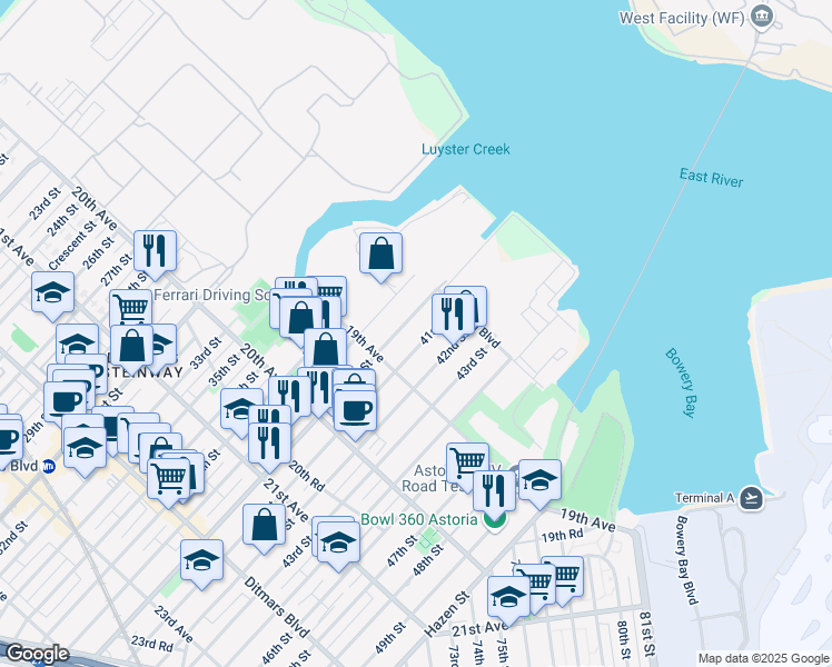 map of restaurants, bars, coffee shops, grocery stores, and more near 18-26 41st Street in Queens