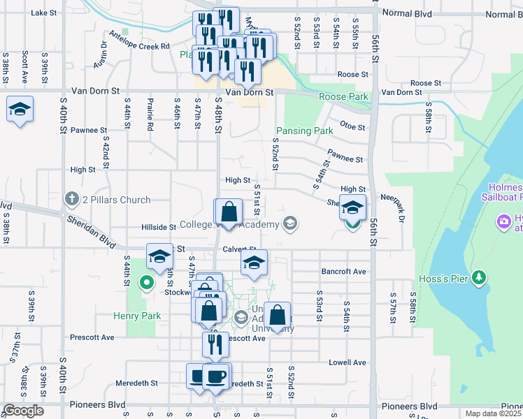 map of restaurants, bars, coffee shops, grocery stores, and more near 3401 Glenhaven Place in Lincoln