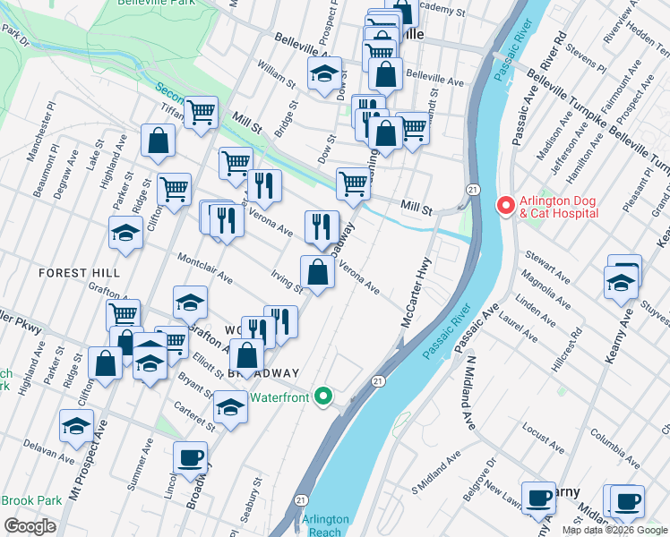 map of restaurants, bars, coffee shops, grocery stores, and more near 65 Verona Avenue in Newark