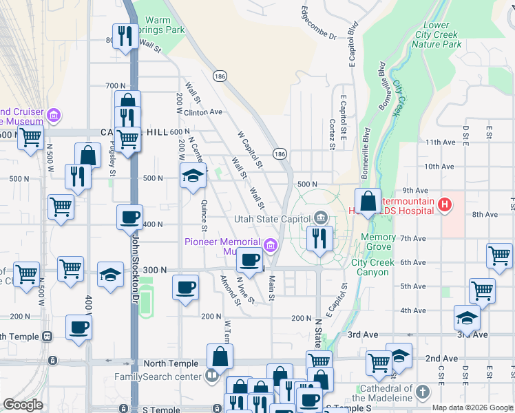 map of restaurants, bars, coffee shops, grocery stores, and more near 420 Main Street in Salt Lake City