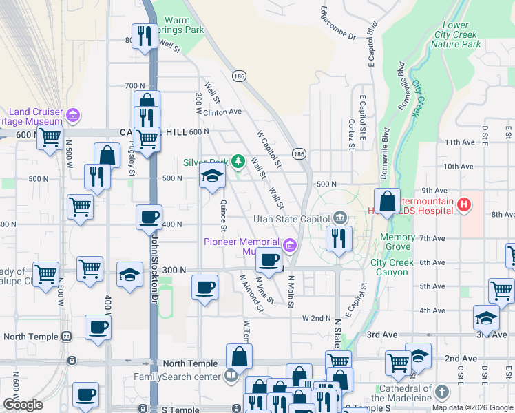 map of restaurants, bars, coffee shops, grocery stores, and more near 420 Main Street in Salt Lake City