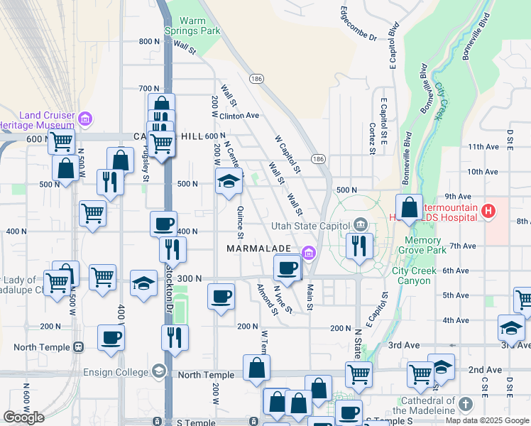 map of restaurants, bars, coffee shops, grocery stores, and more near 424 North Center Street in Salt Lake City