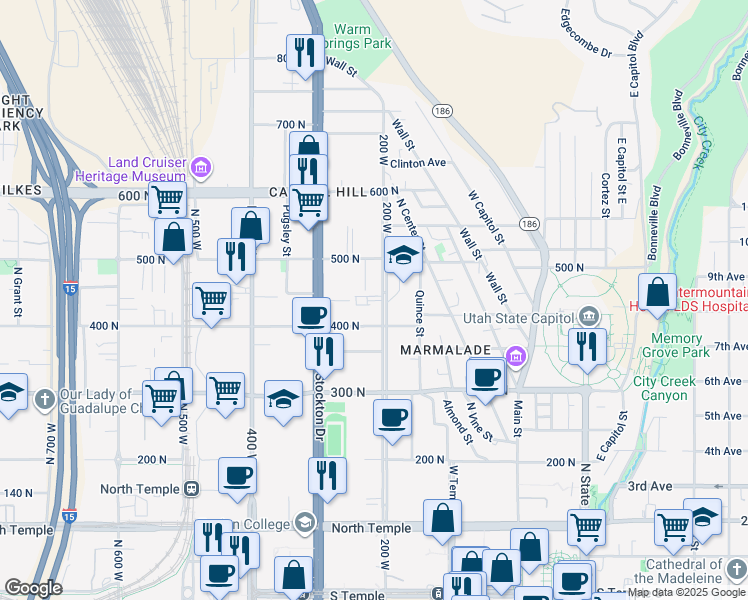 map of restaurants, bars, coffee shops, grocery stores, and more near 441 North 200 West in Salt Lake City