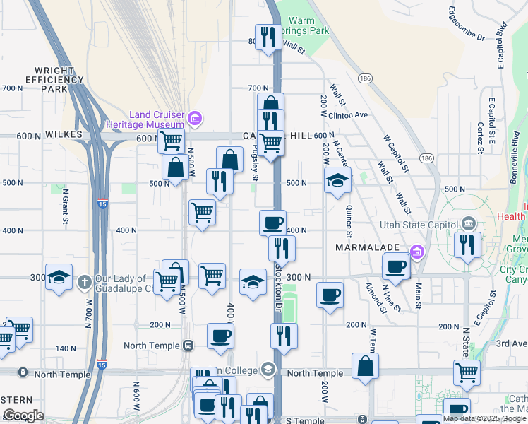 map of restaurants, bars, coffee shops, grocery stores, and more near 437 North 300 West in Salt Lake City