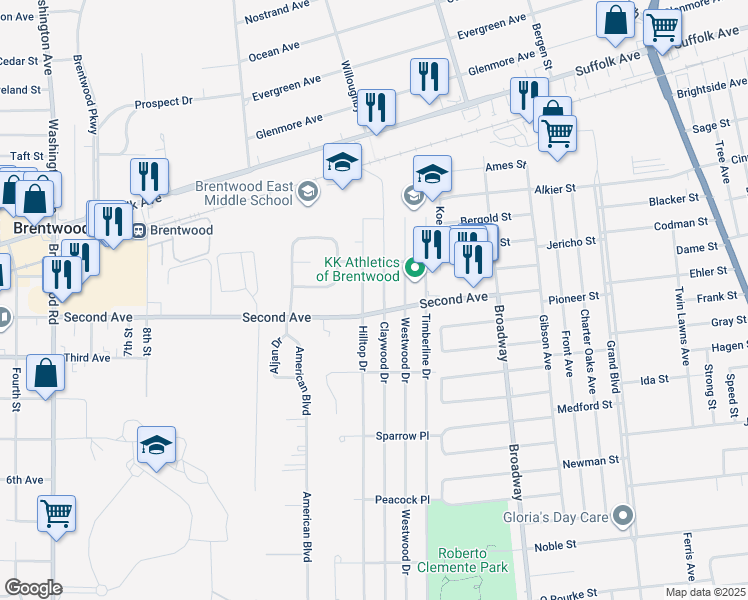 map of restaurants, bars, coffee shops, grocery stores, and more near 92 Hilltop Drive in Brentwood